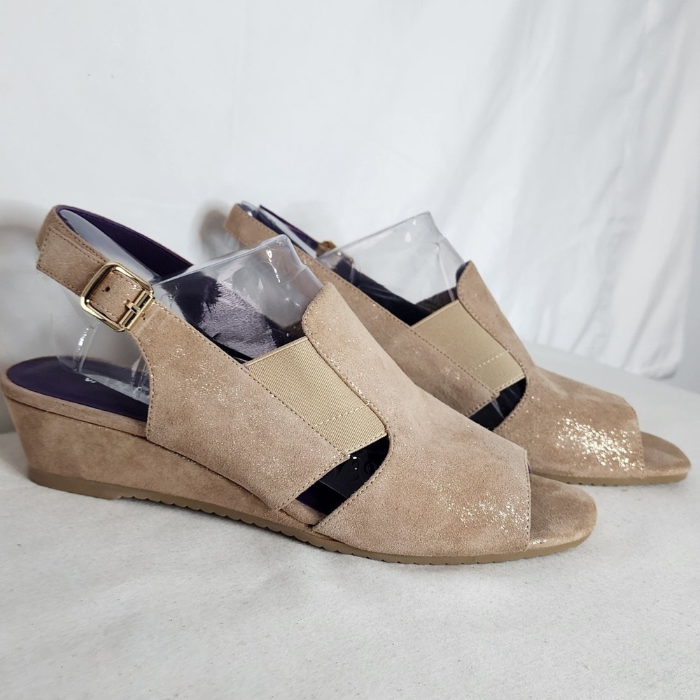 Van Eli Taupe Suede Shimmer Peep Toe Wedge Slingback Sandals Womens Size 9M